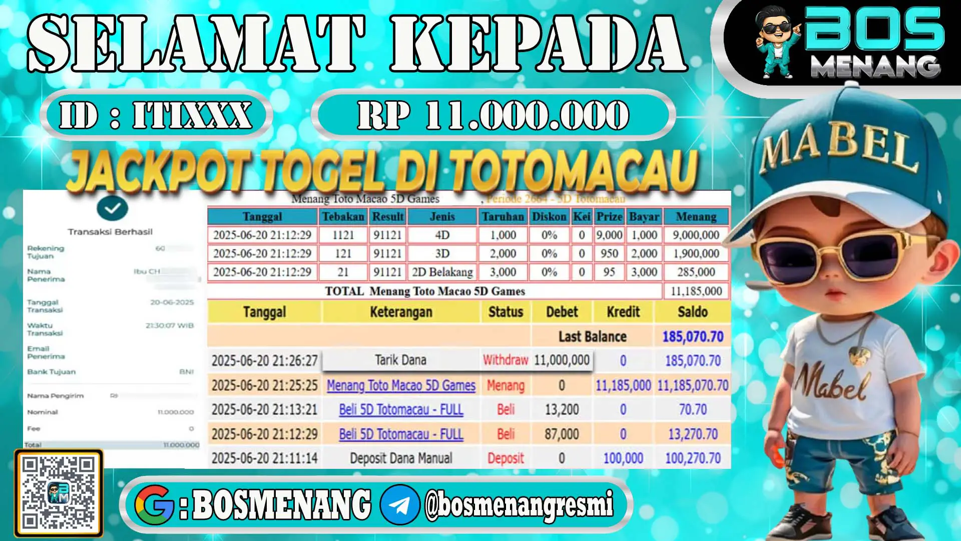 Screenshot transaksi kemenangan togel, ID ITIXXX withdraw Rp11 JUTA di BOSMENANG