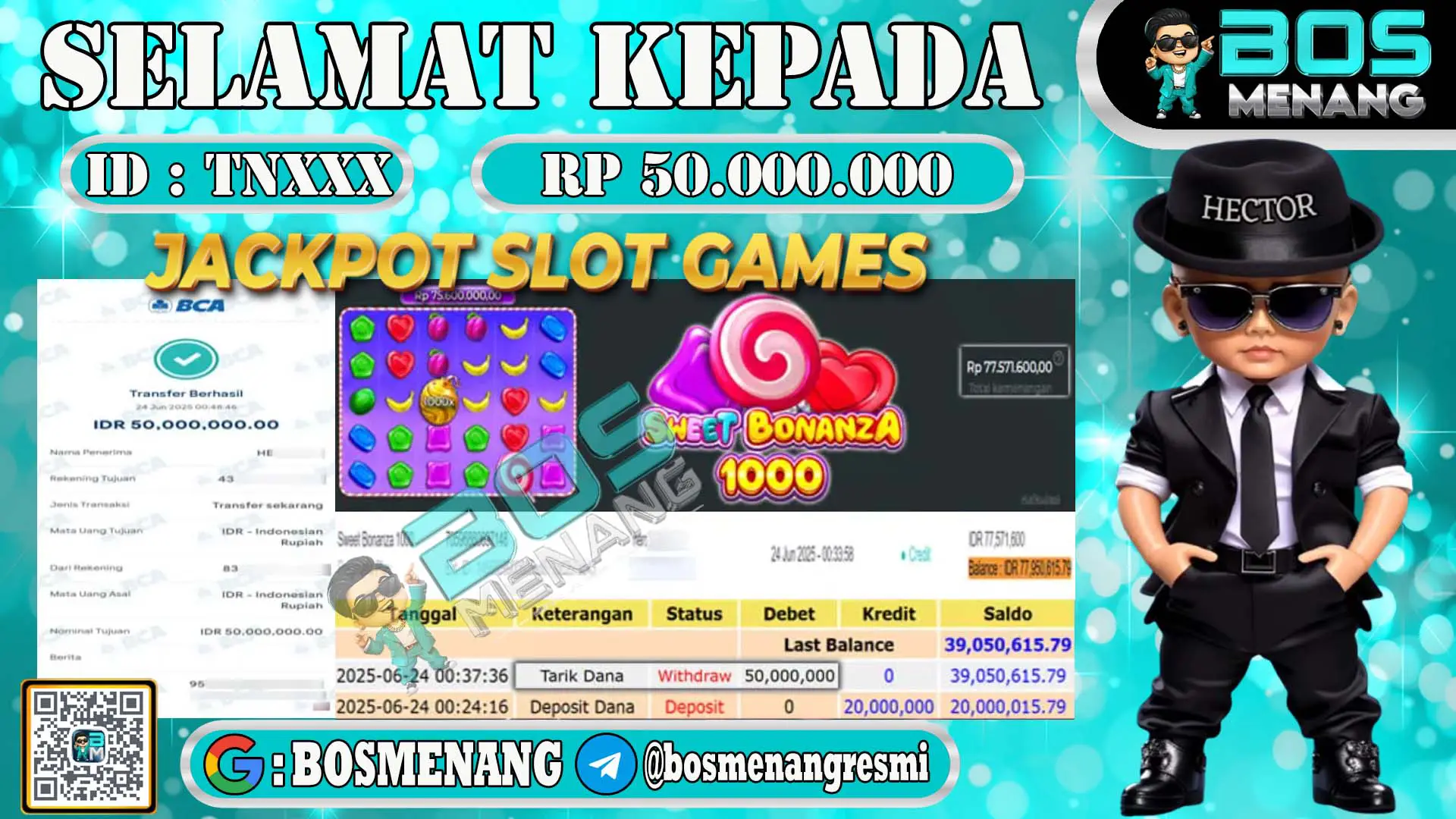 Screenshot transaksi kemenangan togel, ID TNXXX withdraw 50 juta rupiah di BOSMENANG