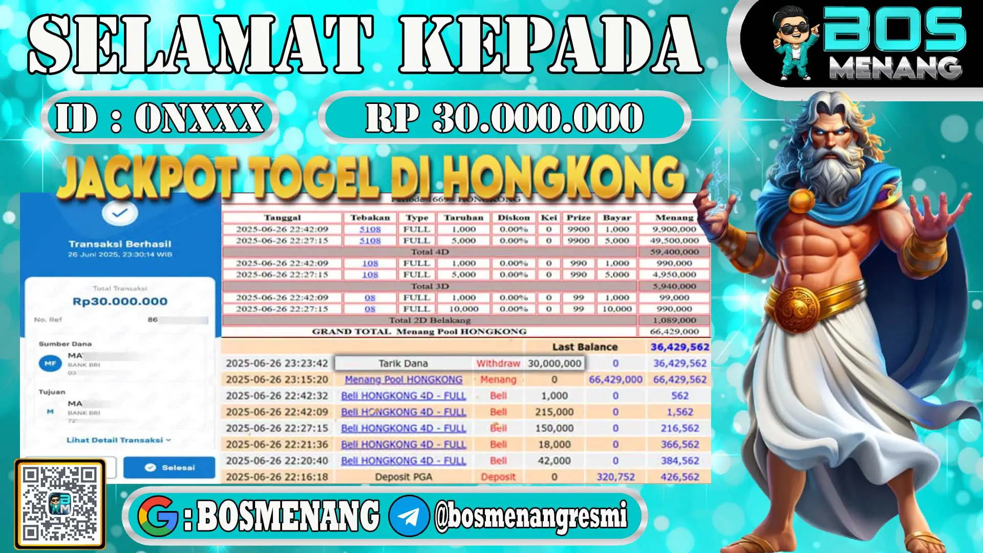 Screenshot transaksi kemenangan togel hongkong, ID ONXXX withdraw Rp 30 juta di BOSMENANG