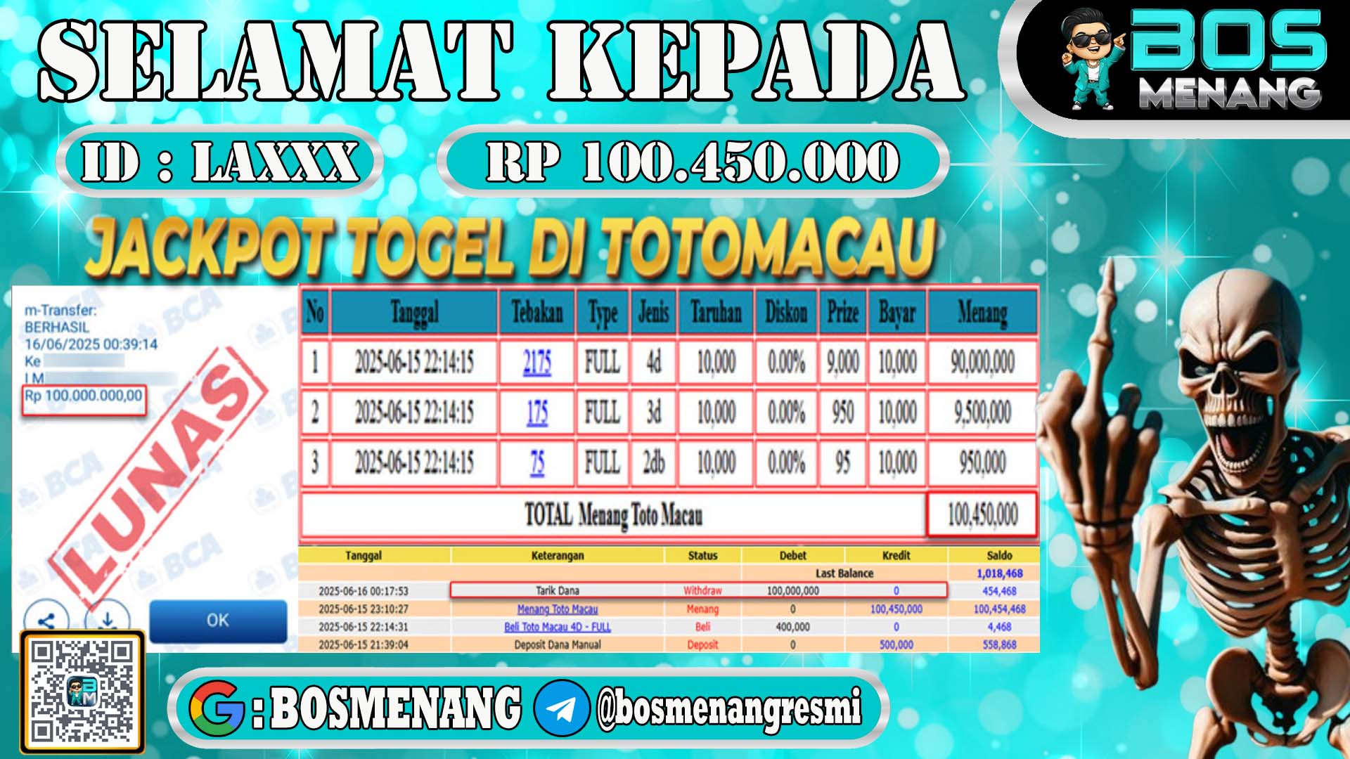 Screenshot transaksi kemenangan togel: ID LAXXX withdraw Rp100 juta 450rb di BOSMENANG