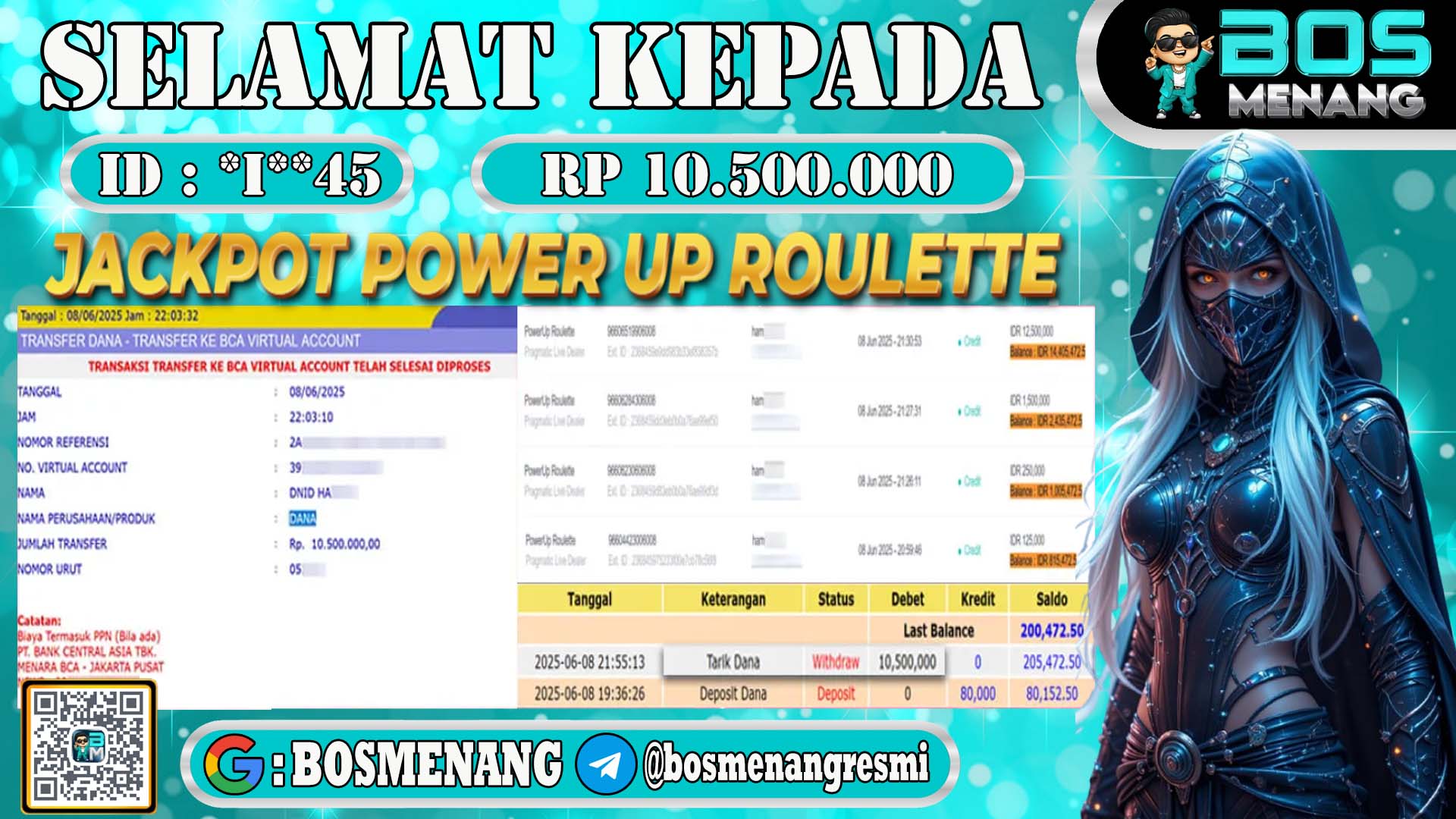 bukti wede jackpot kemenangan member BOSMENANG di permainan Power up Roulette