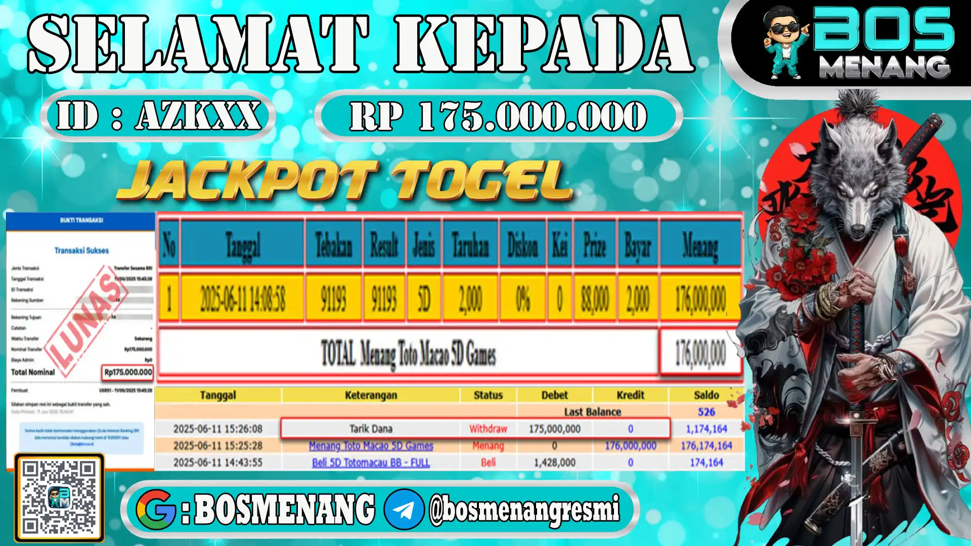 Member AZKXXX menang jackpot togel totomacau Rp175 juta di BOSMENANG - Bukti pembayaran penuh