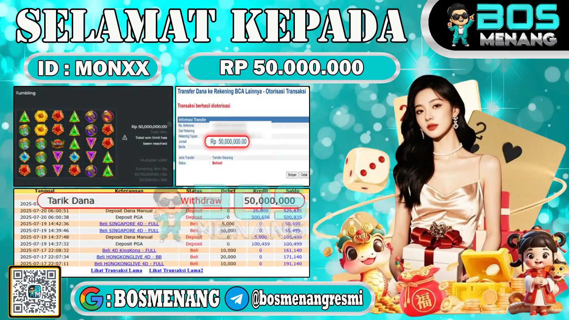 Pemenang jackpot Gates of Olympus 1000 senilai Rp50 juta di situs slot online BosMenang – bukti kemenangan dan penarikan dana