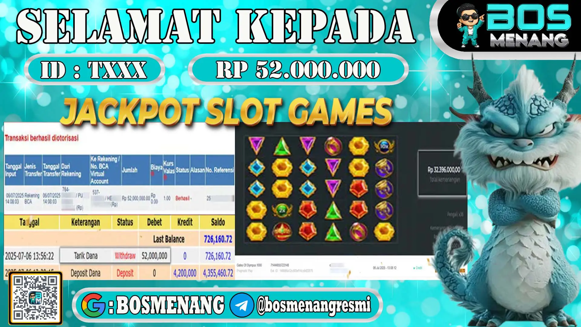 Screenshot transaksi kemenangan slot games, ID TXXX withdraw Rp 52 juta di BOSMENANG