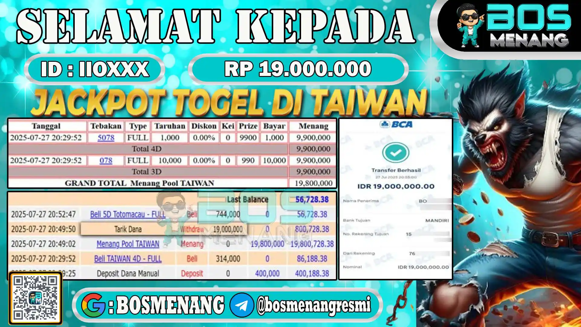 Pemenang jackpot togel senilai Rp19.000.000 di situs togel online BosMenang – bukti kemenangan dan penarikan dana