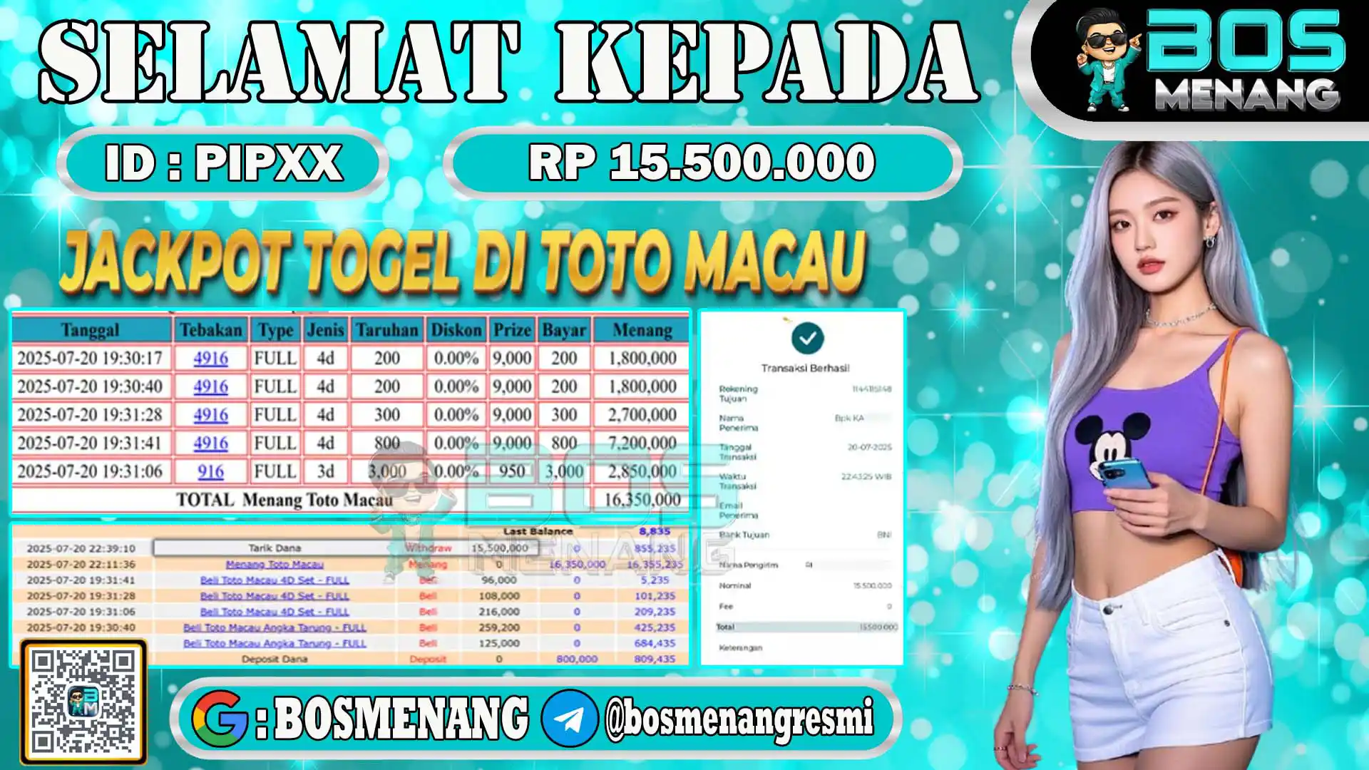 Pemenang jackpot togel Toto Macau situs BosMenang, total kemenangan Rp 15,5 juta, bukti transfer dan tabel riwayat tebakan angka dan transaksi