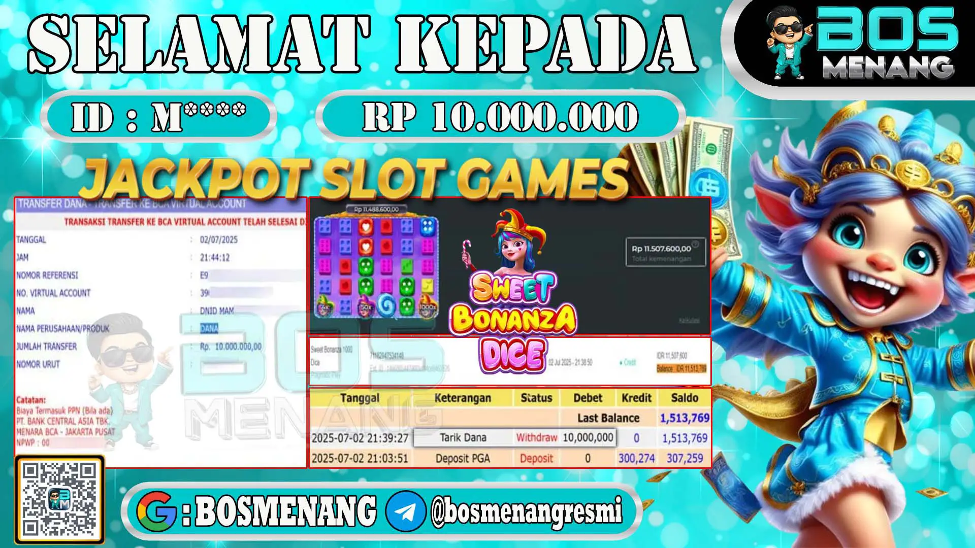 Screenshot transaksi kemenangan slot games, ID M**** withdraw Rp 10 juta di BOSMENANG