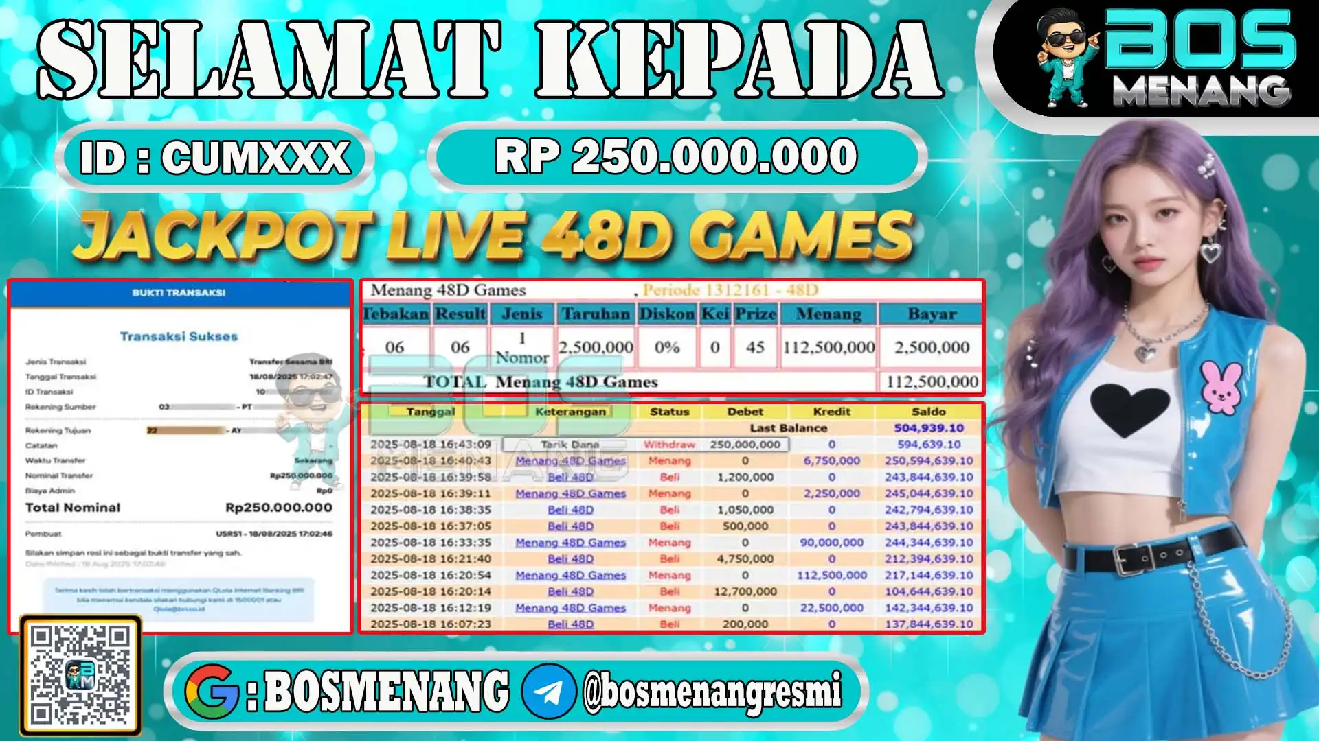 Pemenang jackpot live games senilai Rp 250.000.000 di situs BosMenang – bukti kemenangan dan penarikan dana