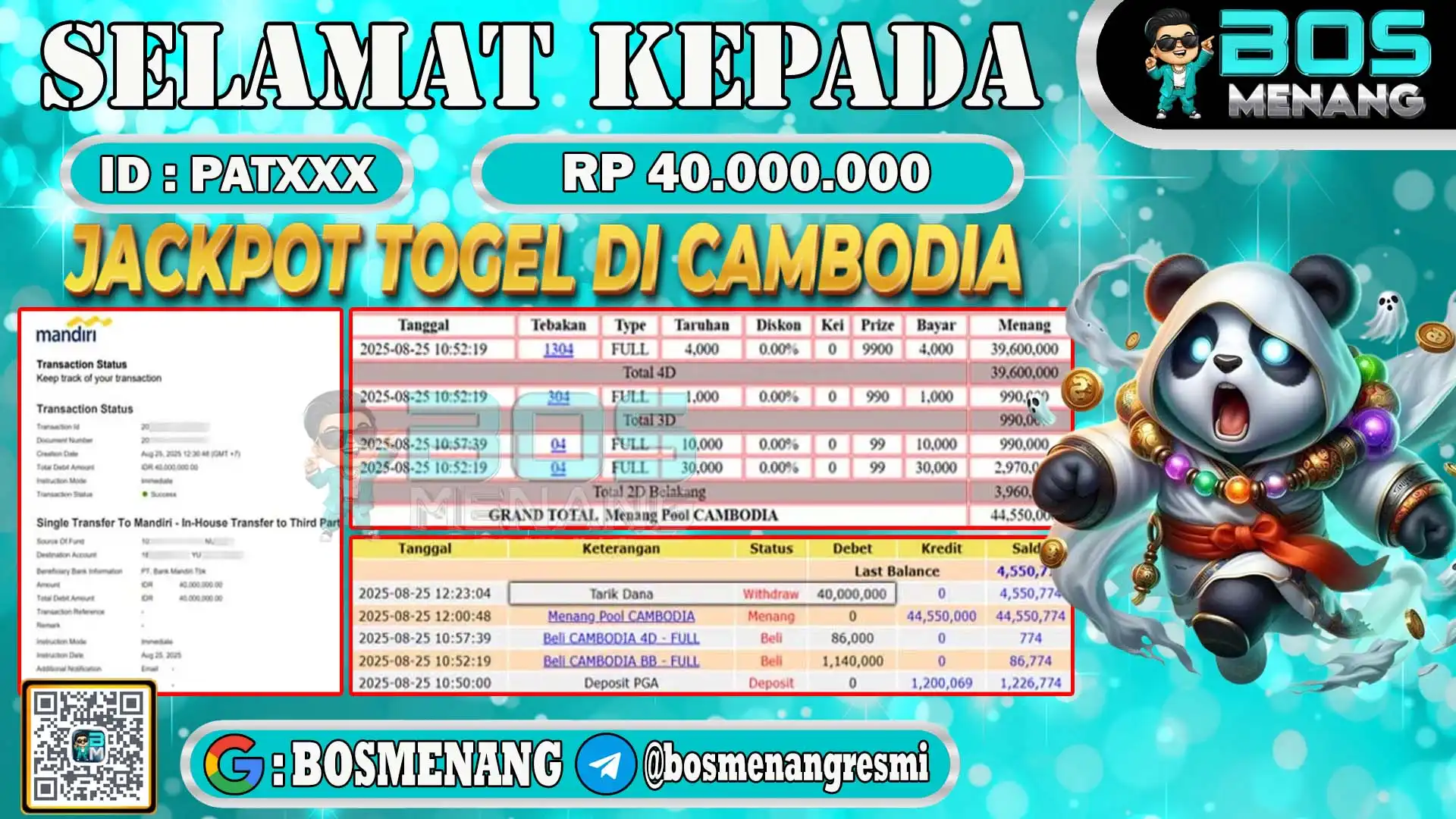 Pemenang jackpot togel pasaran Cambodia senilai Rp 40.000.000 di situs BosMenang – bukti kemenangan dan penarikan dana