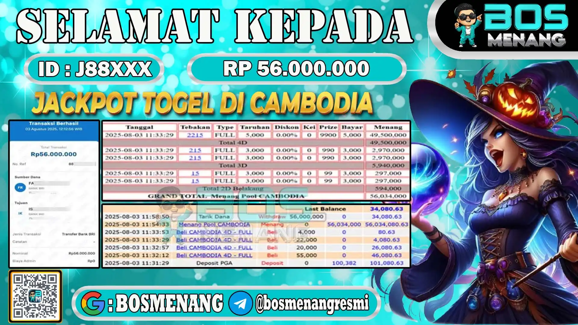 Pemenang jackpot togel cambodia senilai Rp 56.000.000 di situs togel online BosMenang – bukti kemenangan dan penarikan dana