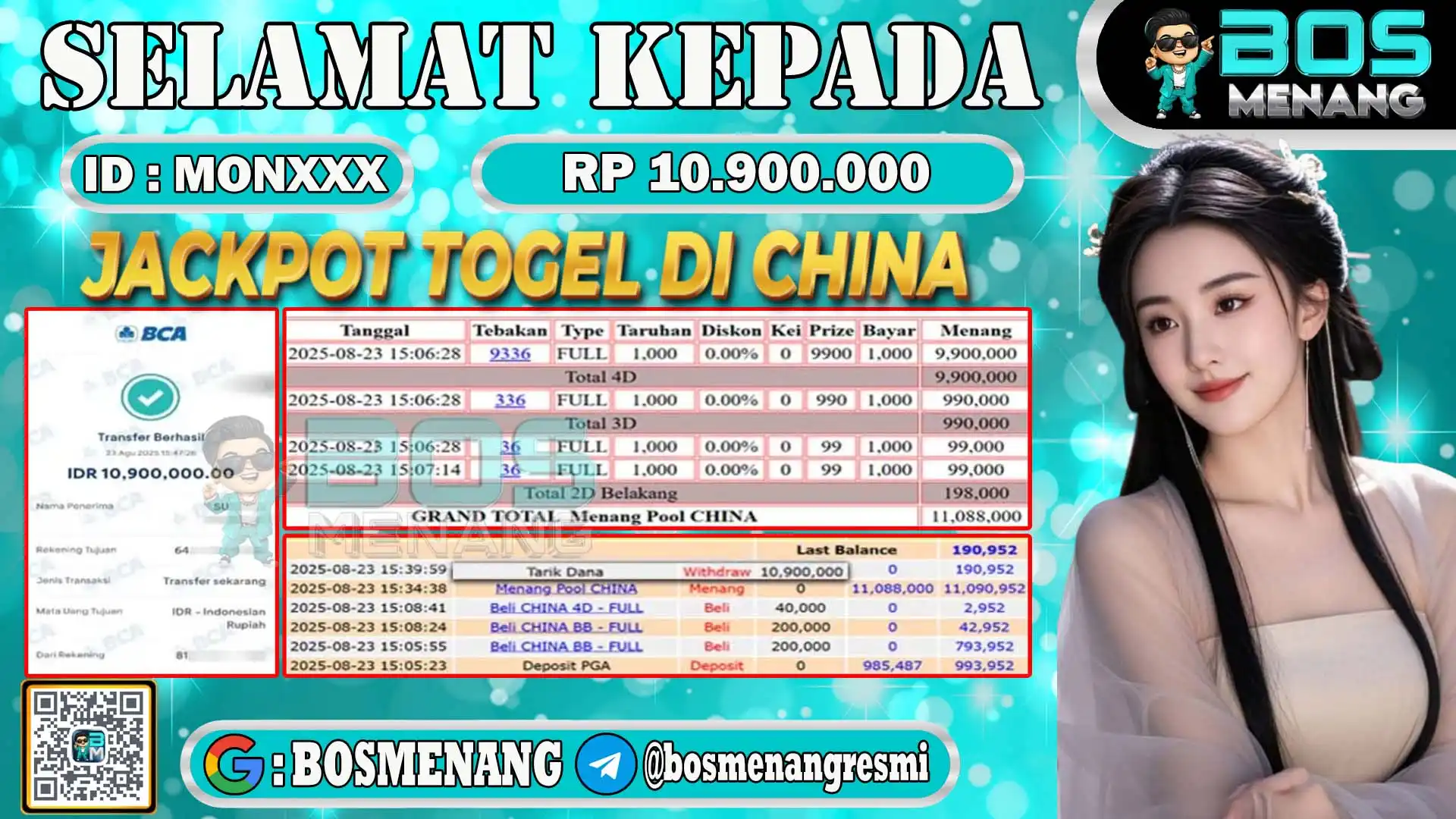 Pemenang jackpot togel senilai Rp 10.900.000 di situs BosMenang – bukti kemenangan dan penarikan dana