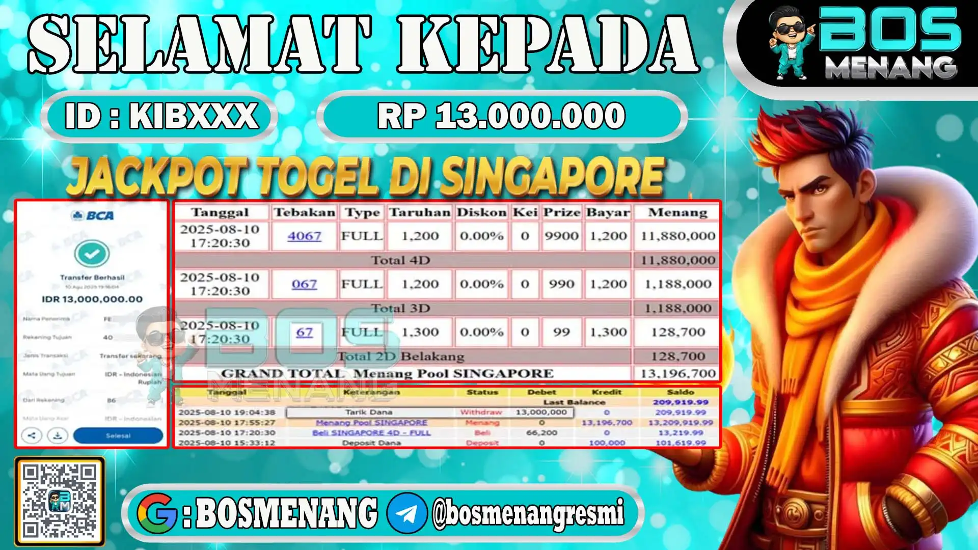 Pemenang jackpot togel singapore senilai Rp13.000.000 di situs togel online BosMenang – bukti kemenangan dan penarikan dana