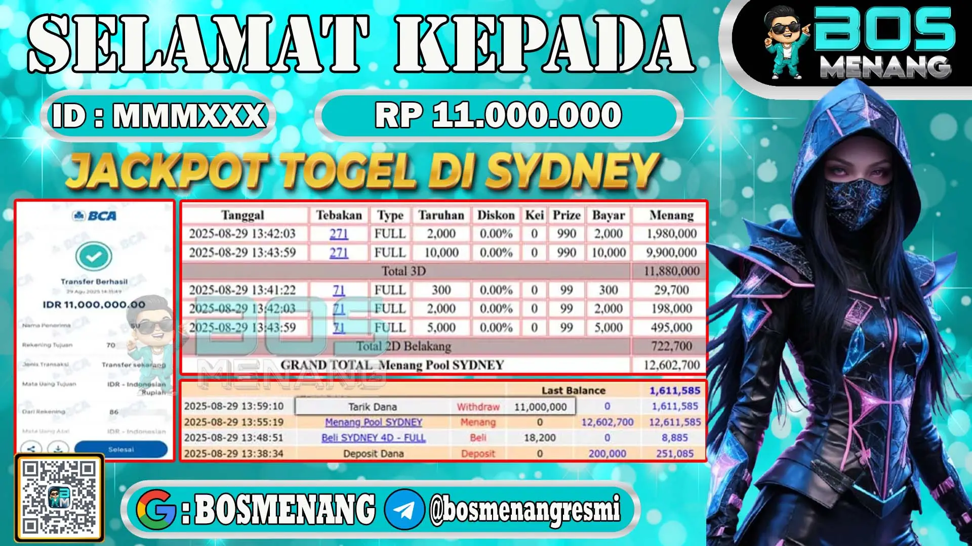 Pemenang jackpot togel pasaran Sydney senilai Rp 11.000.000 di situs BosMenang – bukti kemenangan dan penarikan dana