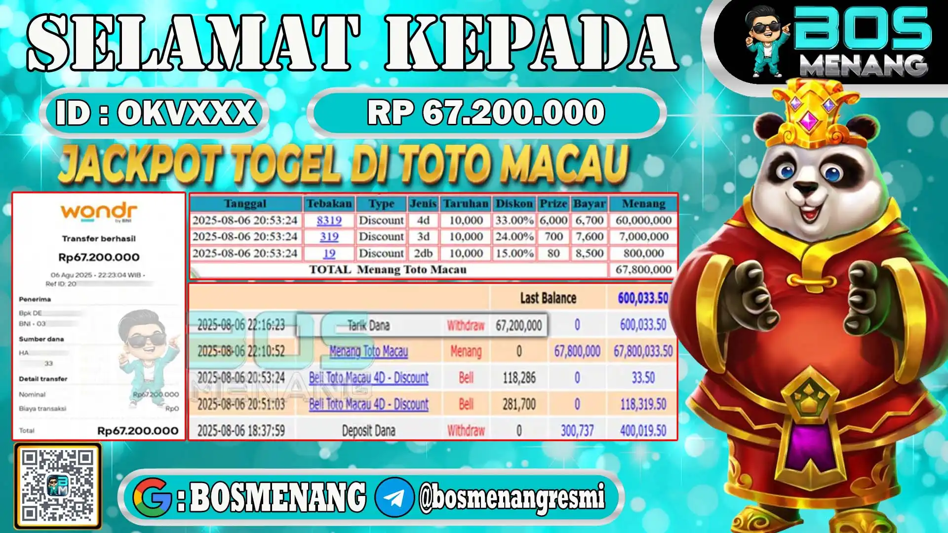 Pemenang jackpot togel toto macau senilai Rp 67.200.000 di situs togel online BosMenang – bukti kemenangan dan penarikan dana