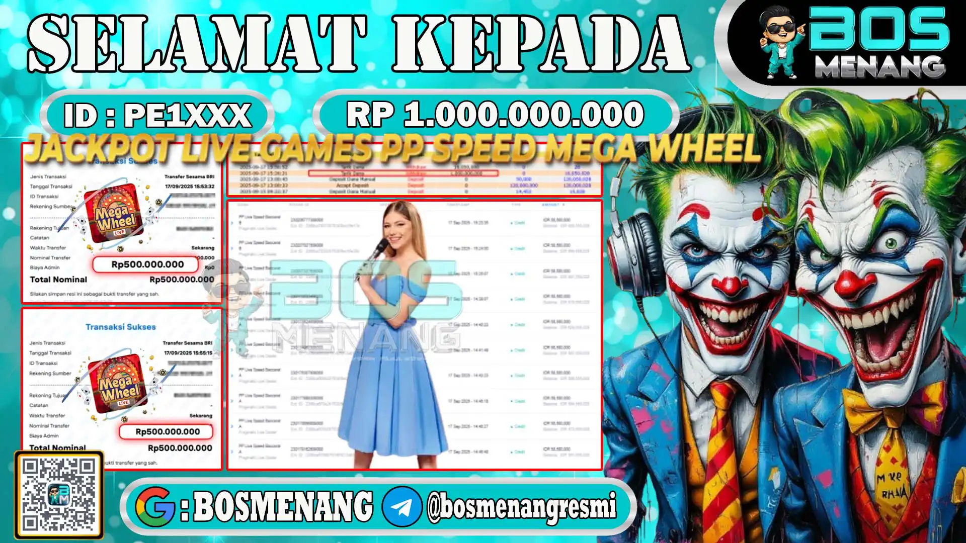 Pemenang jackpot live games Pragmatic Play Speed Mega Wheel senilai Rp 1000.000.000 di situs BosMenang – bukti kemenangan dan penarikan dana