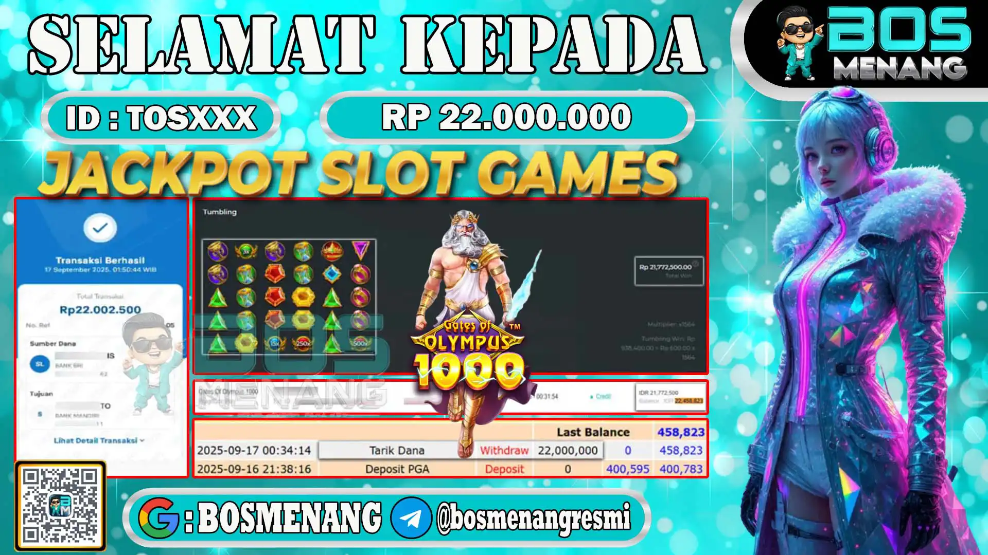 Pemenang jackpot slot games Gates of Olympus 1000 senilai Rp 22.000.000 di situs BosMenang – bukti kemenangan dan penarikan dana