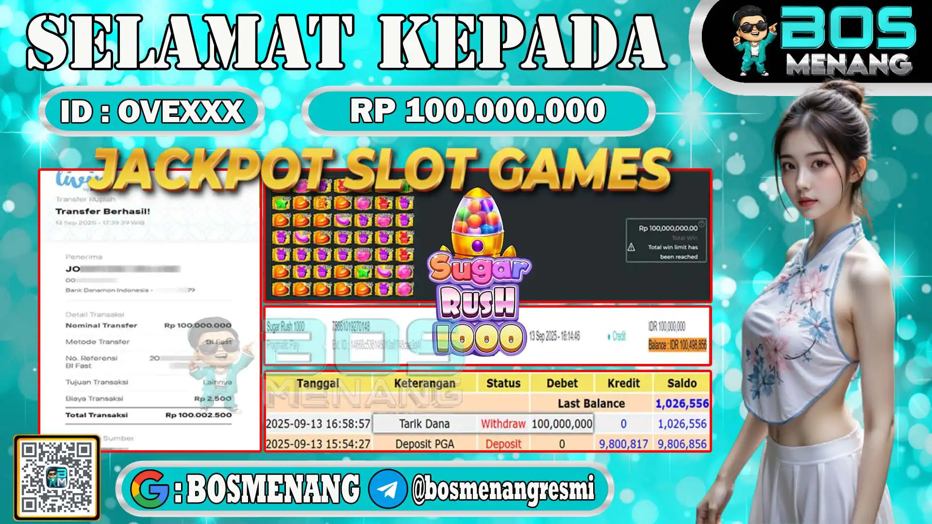 Pemenang jackpot slot games sugar rush 1000 senilai Rp 100.000.000 di situs BosMenang – bukti kemenangan dan penarikan dana