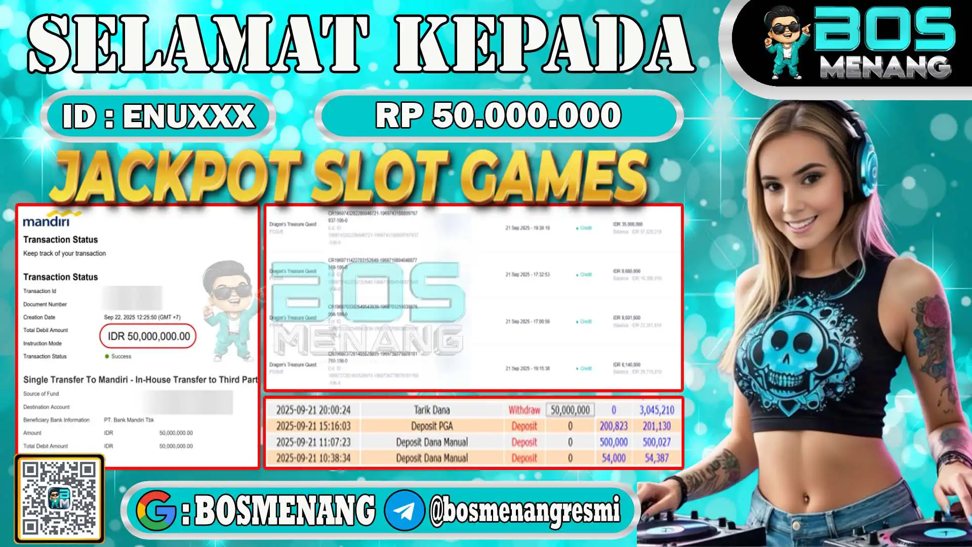 Pemenang jackpot slot games senilai Rp 50.000.000 di situs BosMenang – bukti kemenangan dan penarikan dana