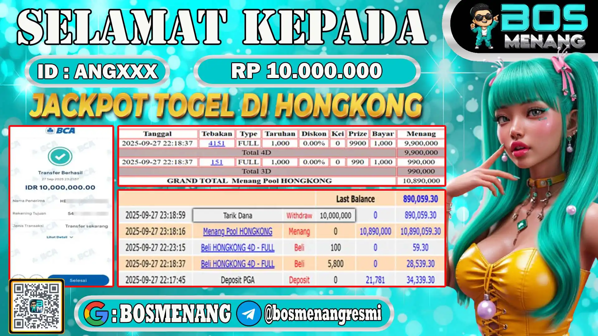 Pemenang jackpot togel online pasaran hongkong senilai Rp 10.000.000 di situs BosMenang – bukti kemenangan dan penarikan dana