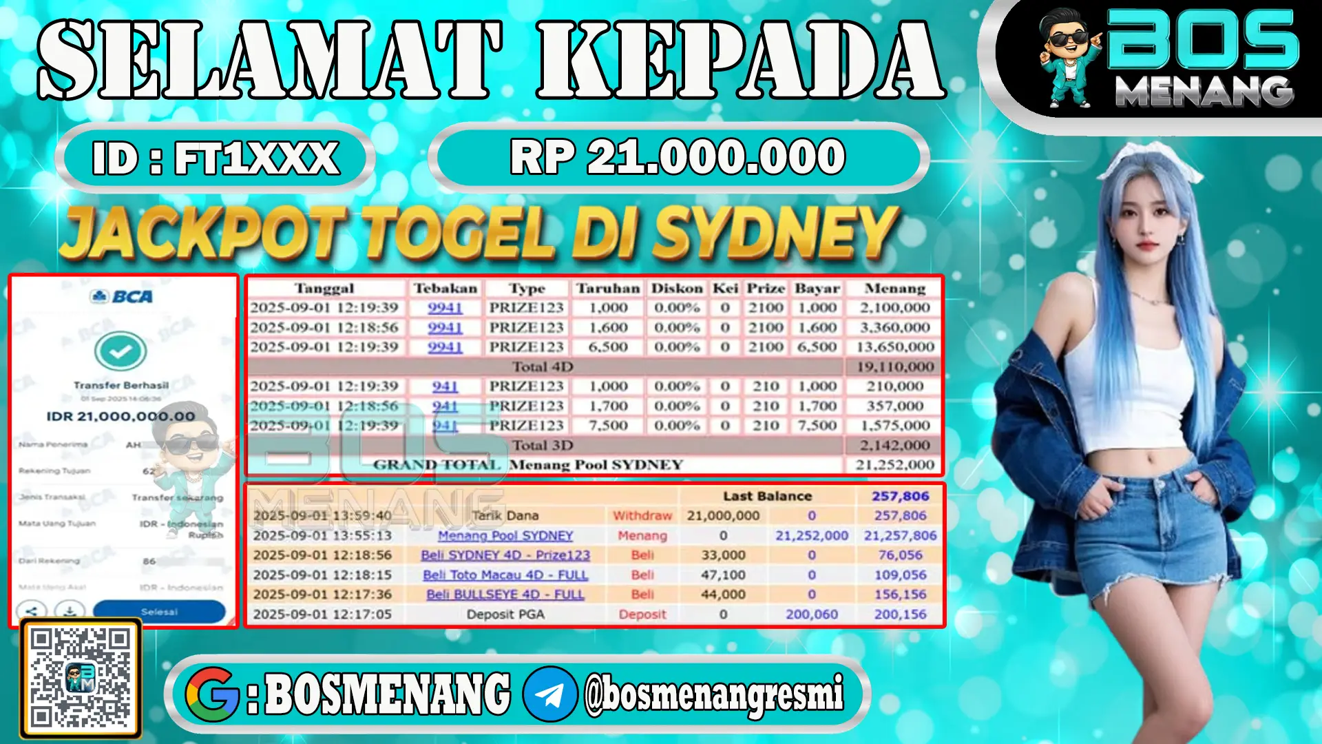 Pemenang jackpot togel pasaran Sydney senilai Rp 21.000.000 di situs BosMenang – bukti kemenangan dan penarikan dana