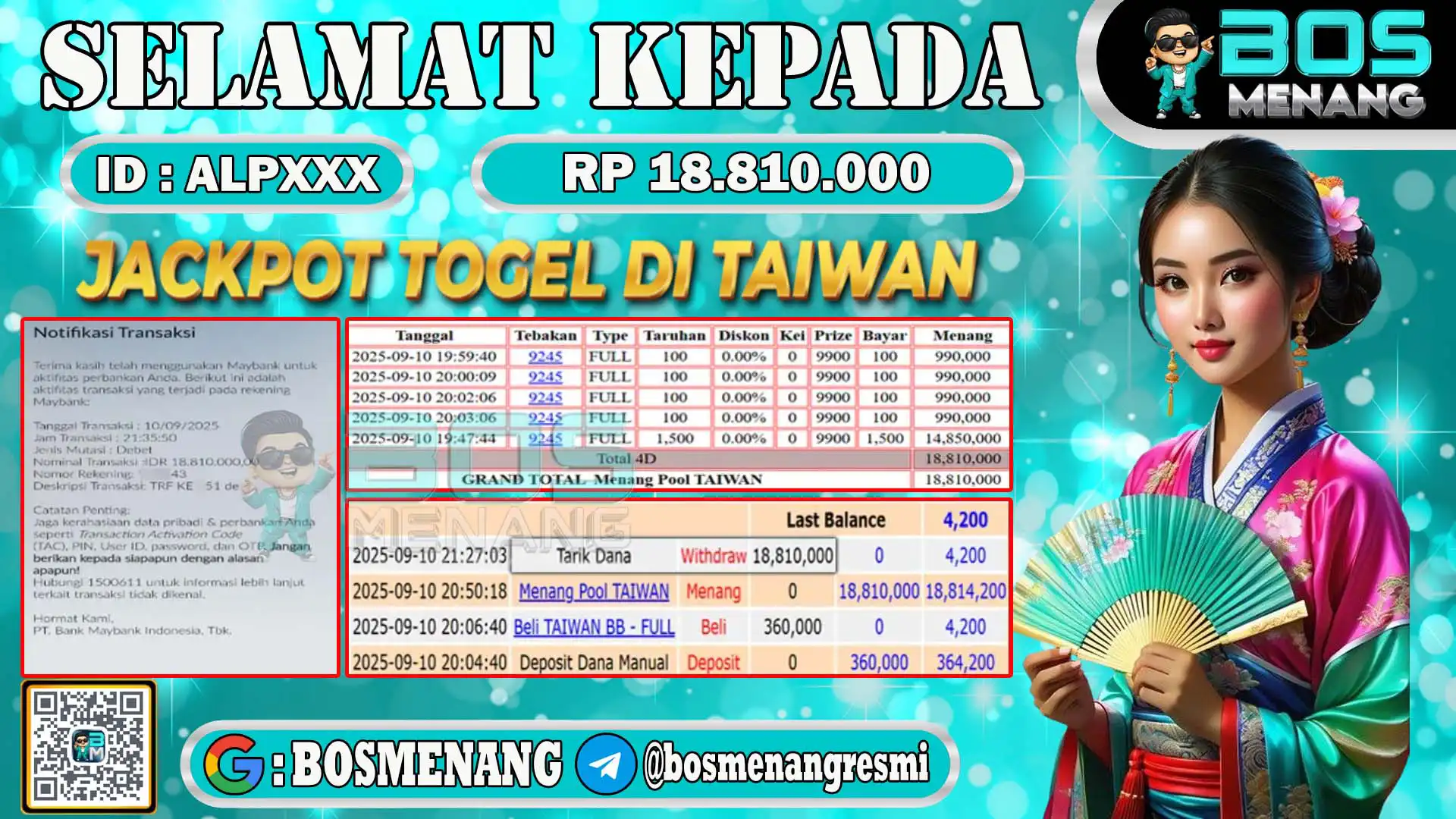 Pemenang jackpot togel pasaran Taiwan senilai Rp 18.810.000 di situs BosMenang – bukti kemenangan dan penarikan dana