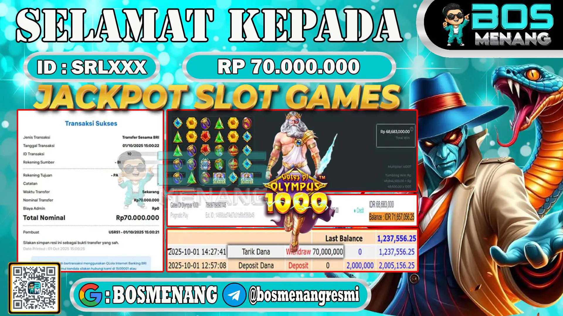 Pemenang jackpot slot games gates of olympus senilai Rp 70.000.000 di situs BosMenang – bukti kemenangan dan penarikan dana
