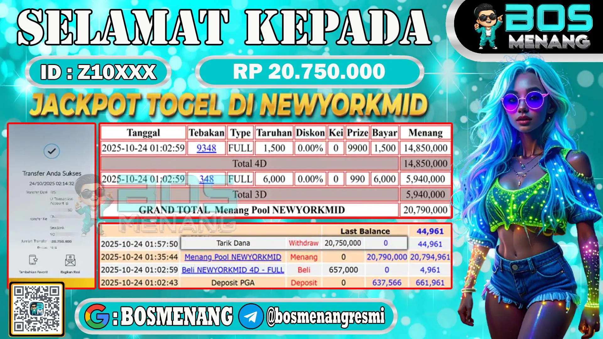 Pemenang jackpot togel online pasaran Newyork Mid senilai Rp 20.750.000 di situs BosMenang – bukti kemenangan dan penarikan dana