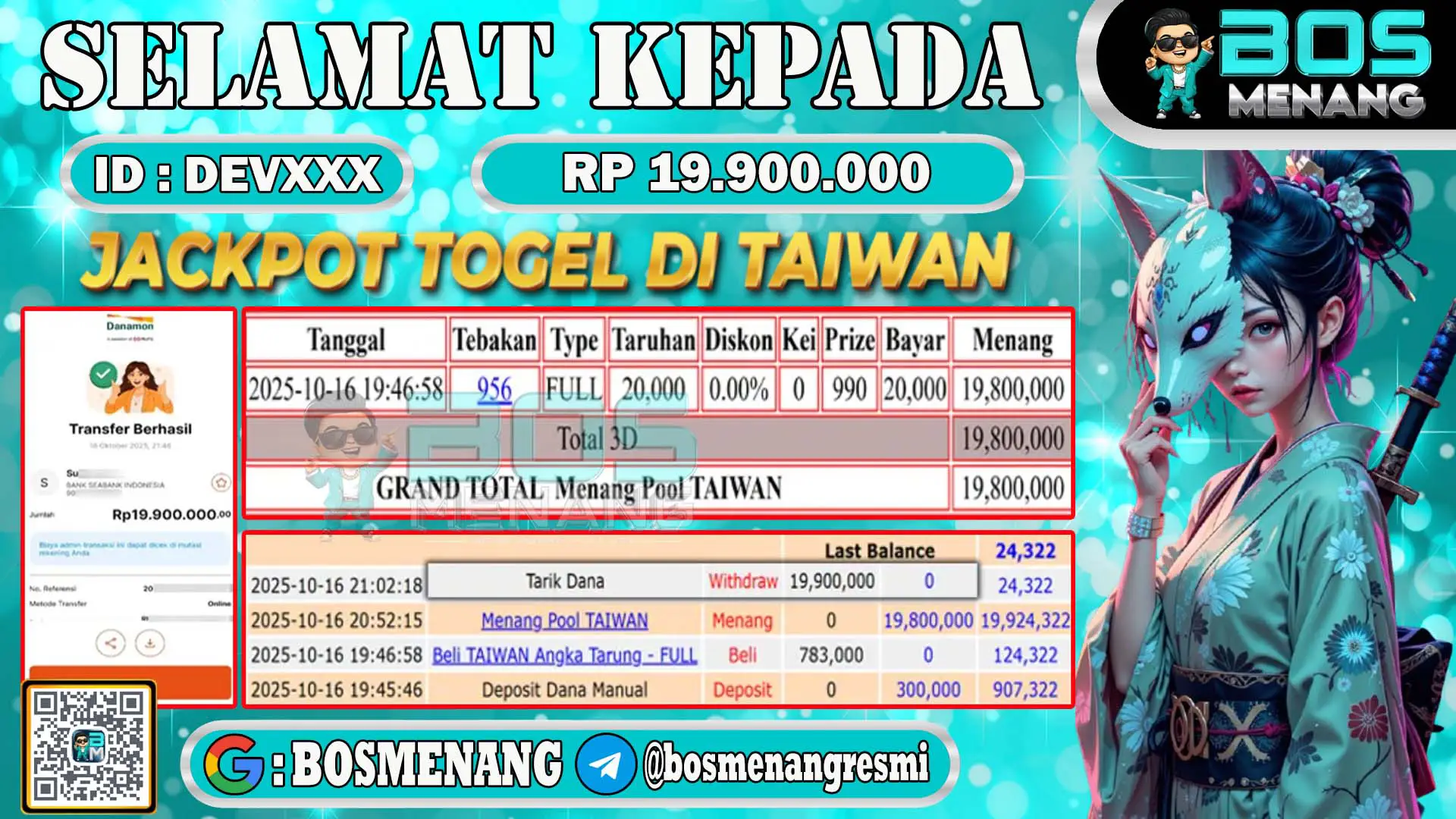 Pemenang jackpot togel online pasaran Taiwan senilai Rp 19.900.000 di situs BosMenang – bukti kemenangan dan penarikan dana