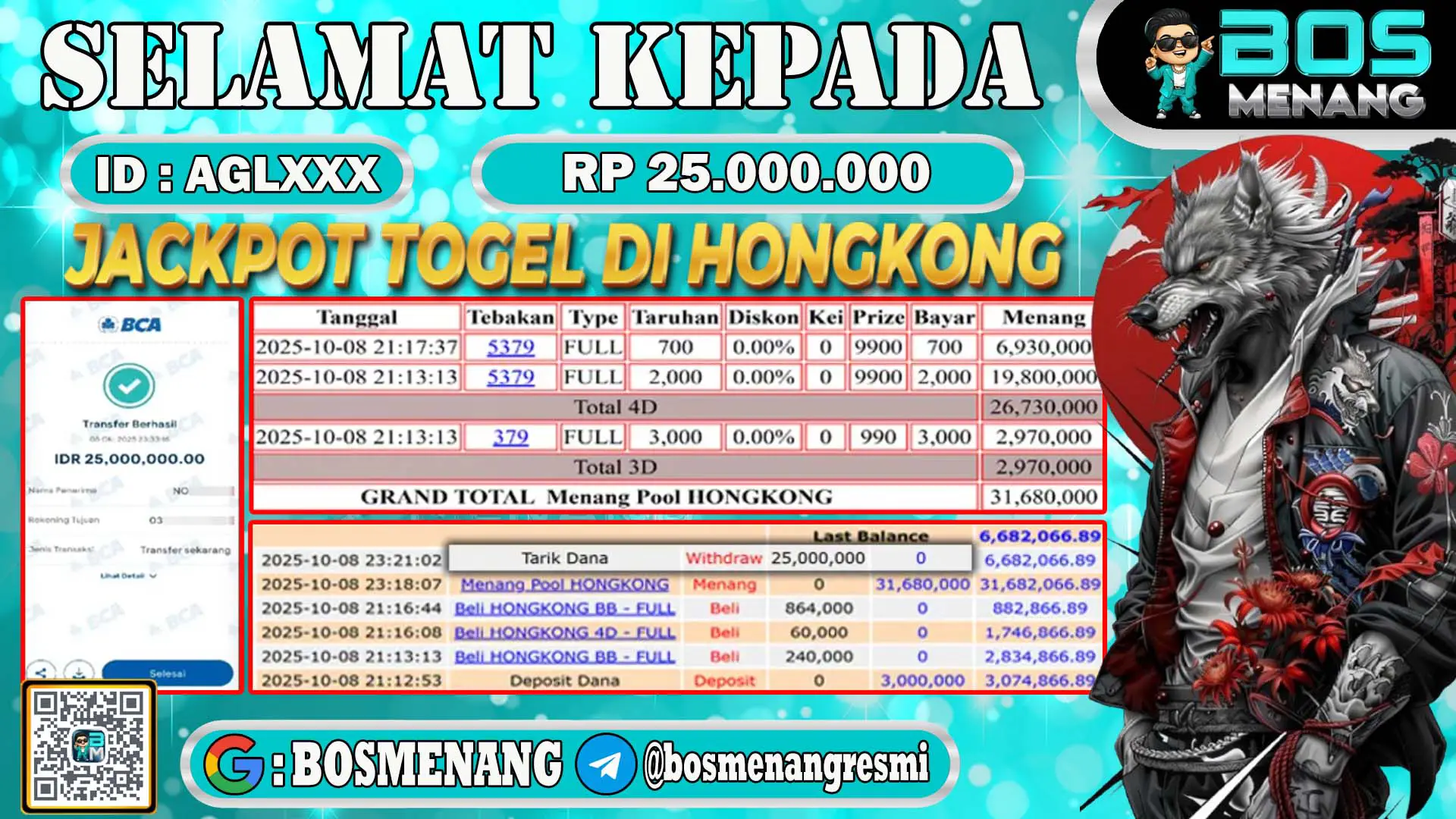 Pemenang jackpot togel online pasaran Hongkong senilai Rp 25.000.000 di situs BosMenang – bukti kemenangan dan penarikan dana