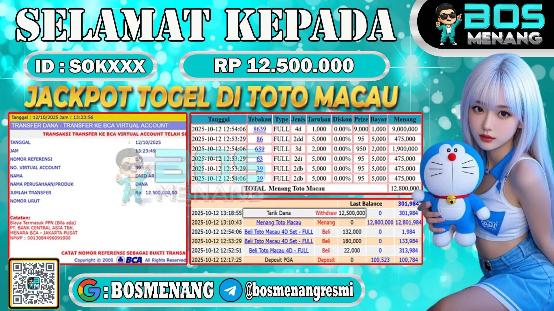 Pemenang jackpot togel online pasaran toto Macau senilai Rp 12.500.000 di situs BosMenang – bukti kemenangan dan penarikan dana