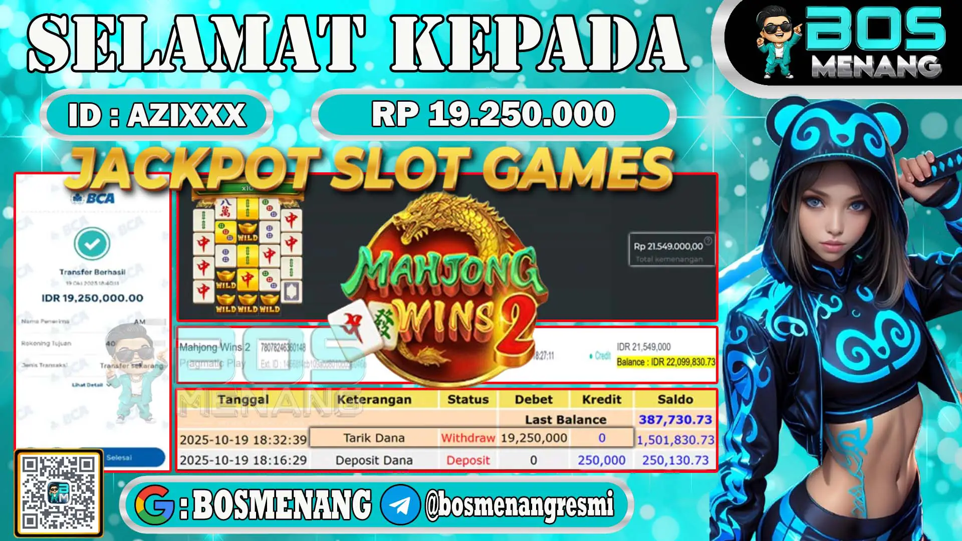 Pemenang jackpot slot games Mahjong Wins 2 senilai Rp 19.250.000 di situs BosMenang – bukti kemenangan dan penarikan dana