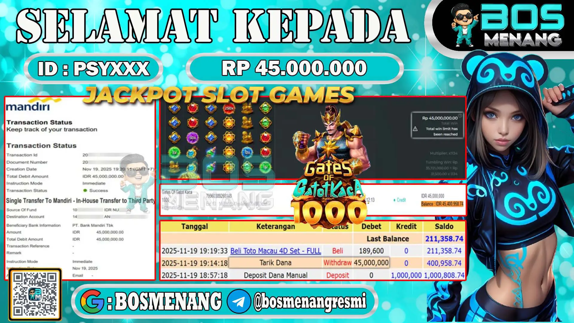 Pemenang jackpot slot games Gates of Gatot Kaca 1000 senilai Rp 45.000.000 di situs BosMenang – bukti kemenangan dan penarikan dana