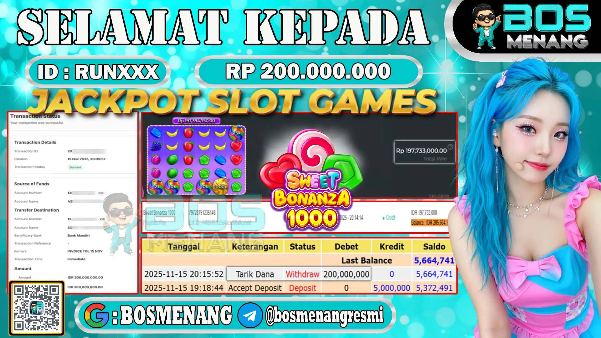 Pemenang jackpot slot games Sweet Bonanza 1000 senilai Rp 200.000.000 di situs BosMenang – bukti kemenangan dan penarikan dana