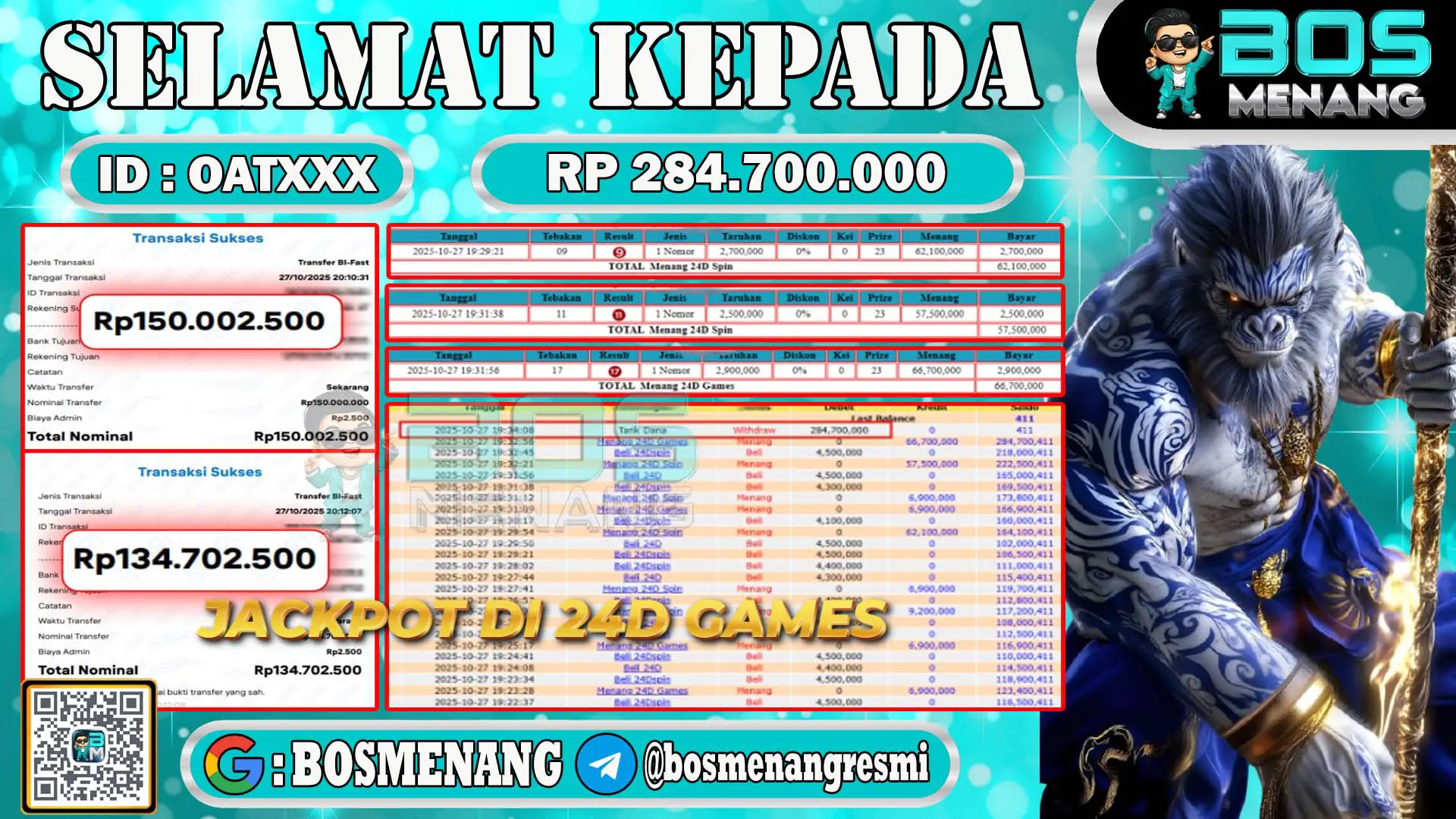 Pemenang jackpot Live Games 24D senilai Rp 284.700.000 di situs BosMenang – bukti kemenangan dan penarikan dana