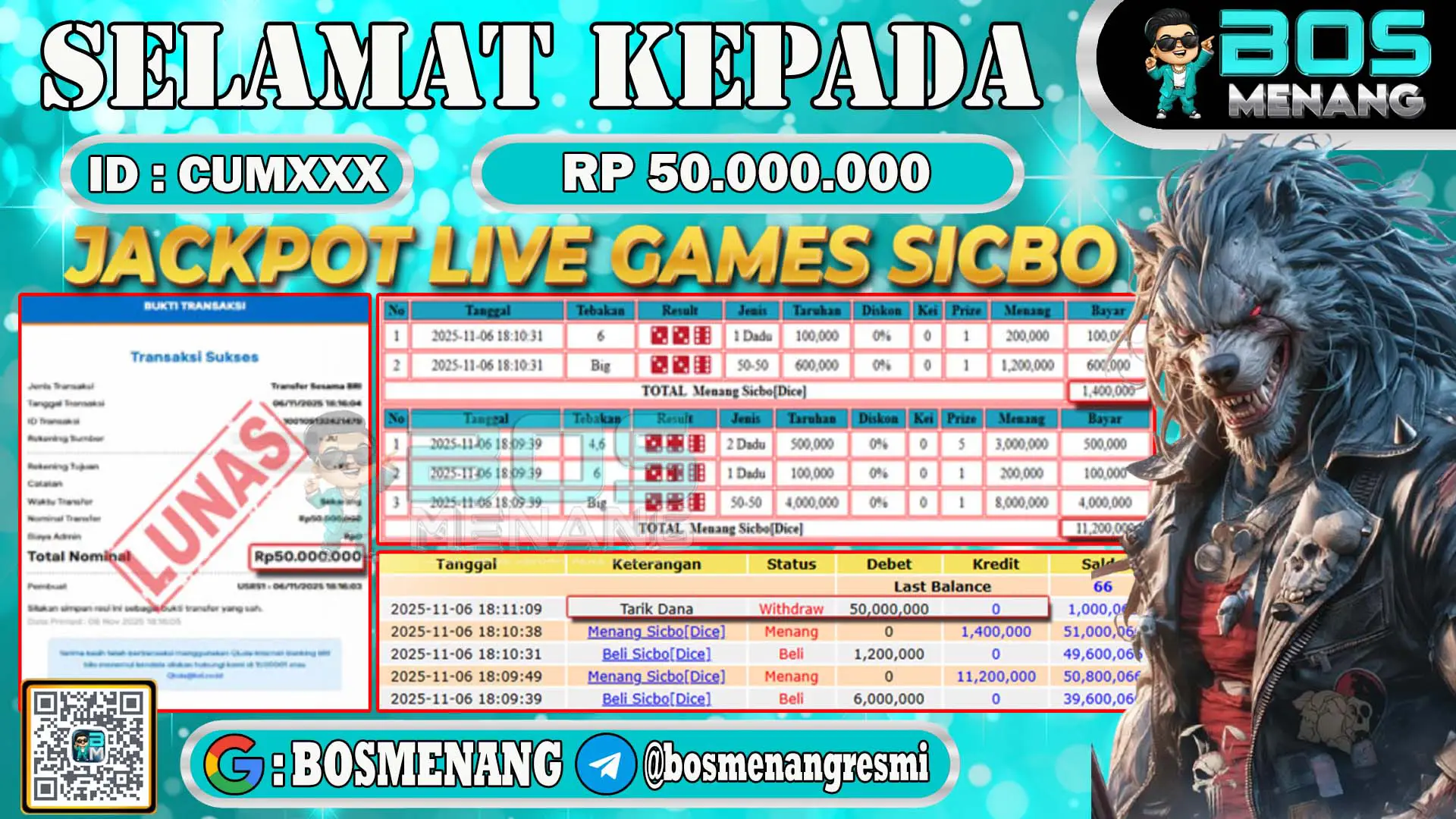 Pemenang jackpot live games Sicbo senilai Rp 50.000.000 di situs BosMenang – bukti kemenangan dan penarikan dana