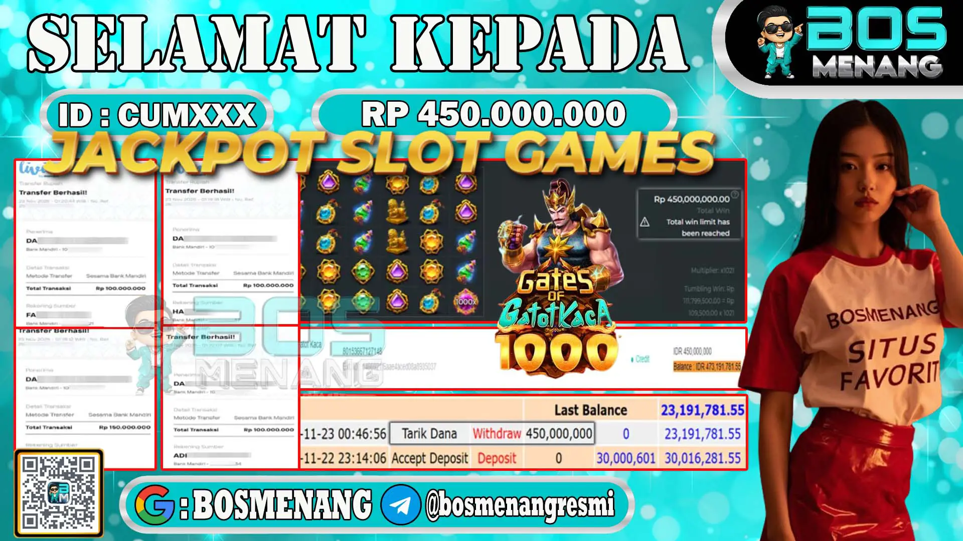 Pemenang jackpot slot online Gates of Gatot Kaca 1000 senilai Rp 450.000.000 di situs BosMenang – bukti kemenangan dan penarikan dana