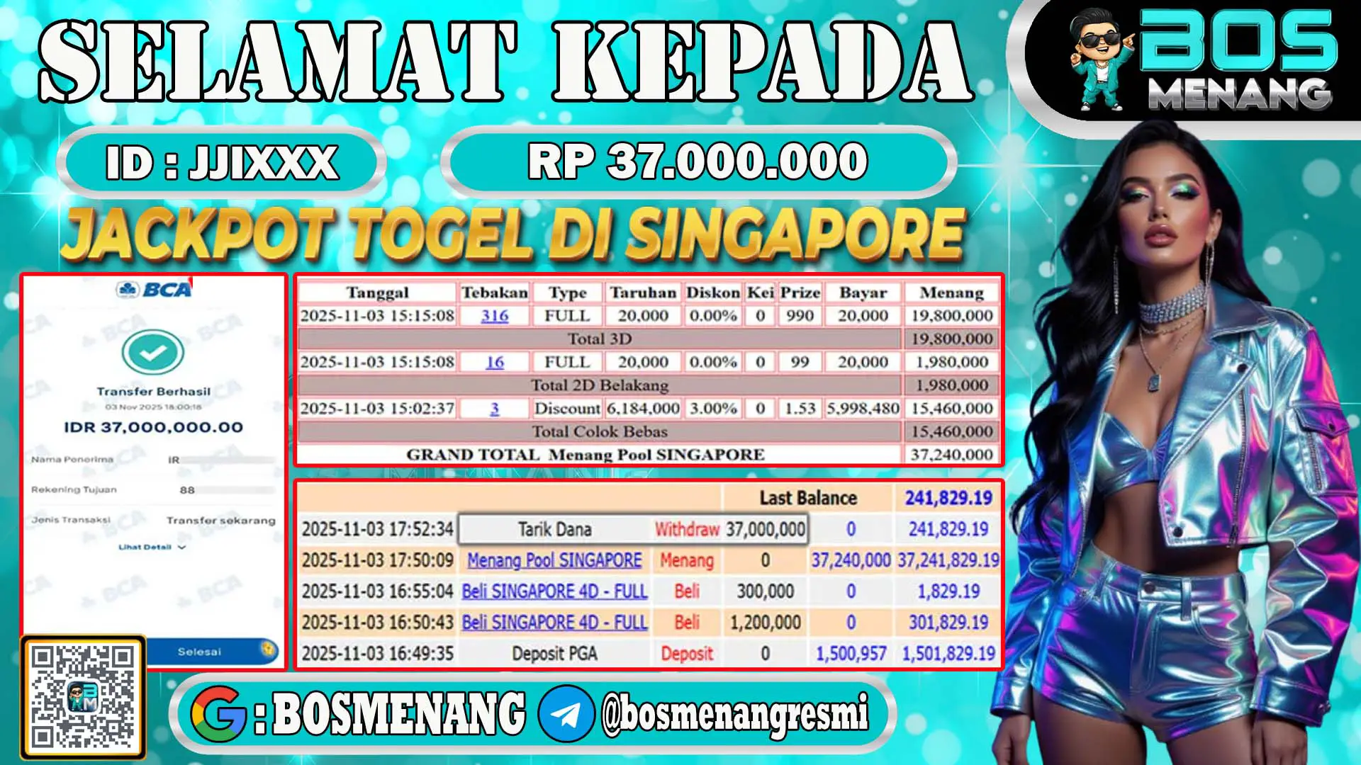 Pemenang jackpot togel online pasaran Singapore senilai Rp 37.000.000 di situs BosMenang – bukti kemenangan dan penarikan dana